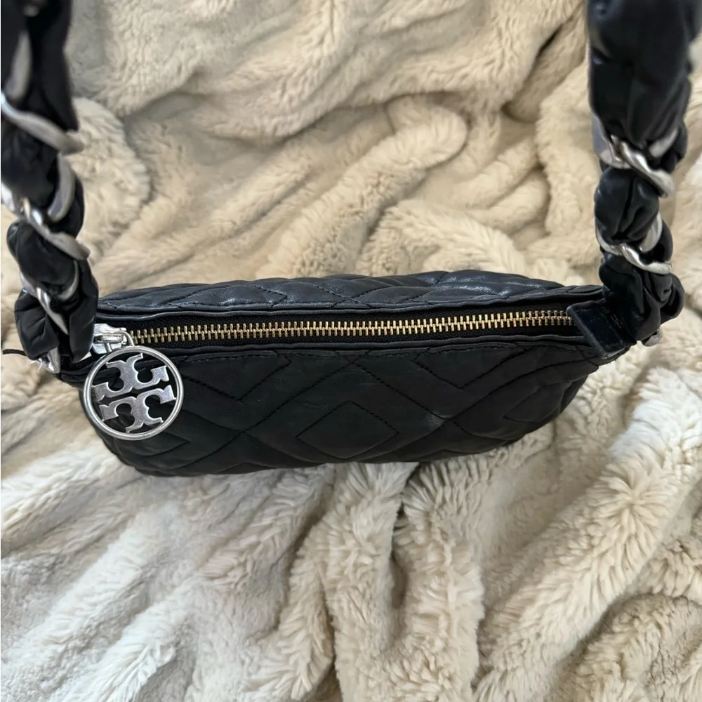Tory Burch Black Quilted Calfskin Leather Bag with Silver Hardware